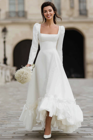 Ivory A Line Satin Square Neck Long Sleeves Wedding Dress with Ruffles